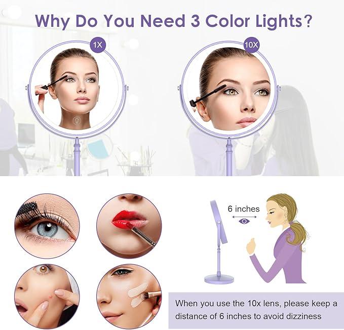Lighted Makeup Mirror, 3000 mAh Rechargeable Double Sided Magnifying Vanity Mirror with 3 Colors, 1x/10x, 360° Rotation , Brightness Adjustable Magnification Cosmetic Light up Mirror, Women Gift - ModernBath