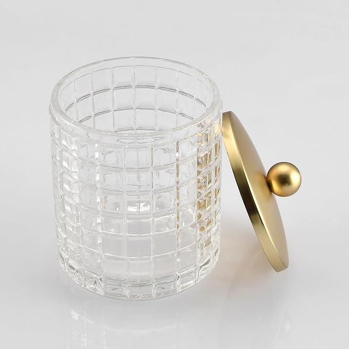 Indecor Home Clear Tranparent Apothecary Etched Geometric Grid Glass Jar W/Gold Metal Lid Cover for Bathroom Organization, Cotton Balls, Q Tips, and Small Accessories, Bathroom Storage - ModernBath