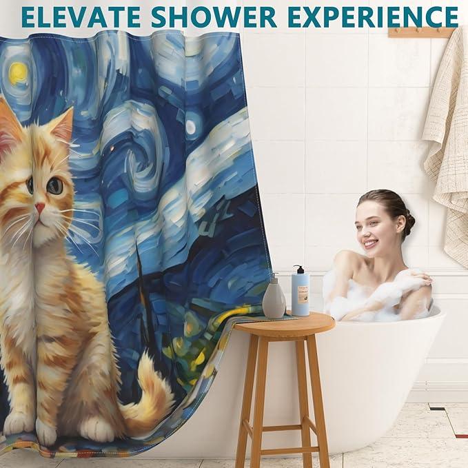 Starry Night Cat Cute Shower Curtain, No Hook Cat Shower Curtain with Weighted Snap in Liner, Waterproof Shower Curtains for Bathroom, Translucent Top Window Design, Gifts for Cat Lovers, 71x74 Inches - ModernBath