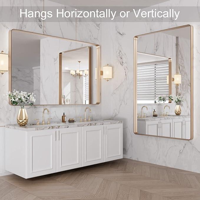 LOAAO 48”X30” Gold Bathroom Mirror, Rounded Rectangle Gold Frame Mirror, Brushed Gold Bathroom Vanity Mirror Wall-Mounted, Anti-Rust, Tempered Glass, Hangs Horizontally or Vertically - ModernBath