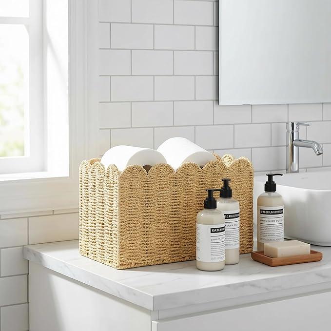 Handwoven Khaki Paper Rope Magazine Holder with Scalloped Edge –Toilet Paper Storage Basket Decorative Storage Basket for Magazines, Newspapers, Mail, Living Room, Bathroom & Office - ModernBath