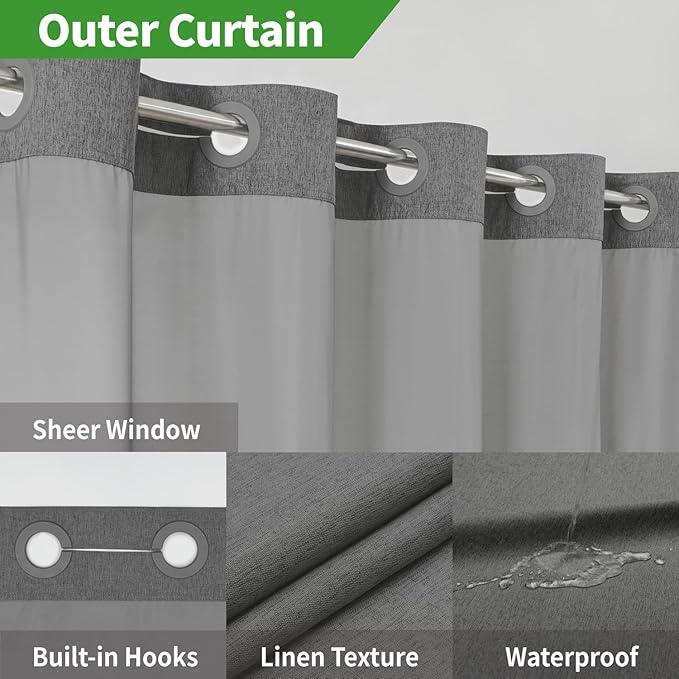 eachope No Hooks Needed Linen Textured Shower Curtain with Snap-in Fabric Liner Set,Hotel Luxury Decor Waterproof Shower Curtains for Bathroom with Mesh Top Window,Washable,71Wx74H,Charcoal Grey - ModernBath