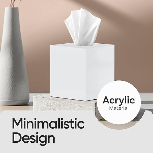 My Space Organizer - Premium Acrylic Tissue Cover | Fits Standard Square Tissue Box | White Cube Holder for Bathroom | 5.3" x 5.3" x 5.5"
