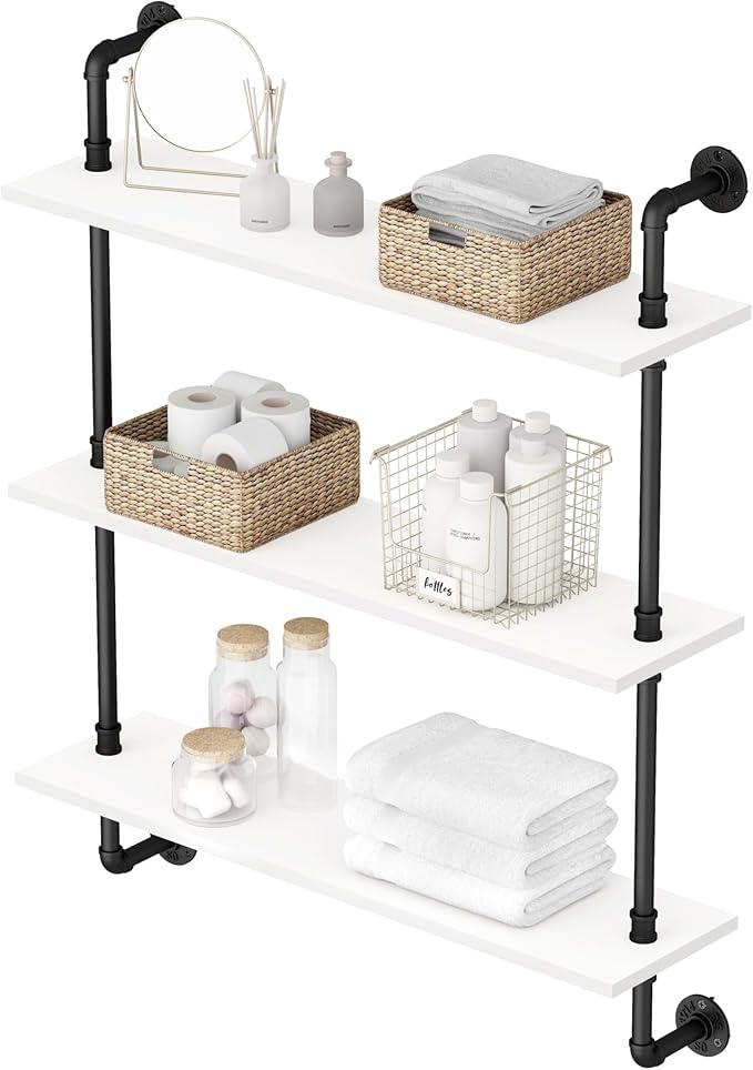 3-Tier Industrial Pipe Floating Shelf – Rustic 36 inch Wood Wall-Mounted Storage Shelf for Kitchen Office,Bathroom & Home Decor -White - ModernBath