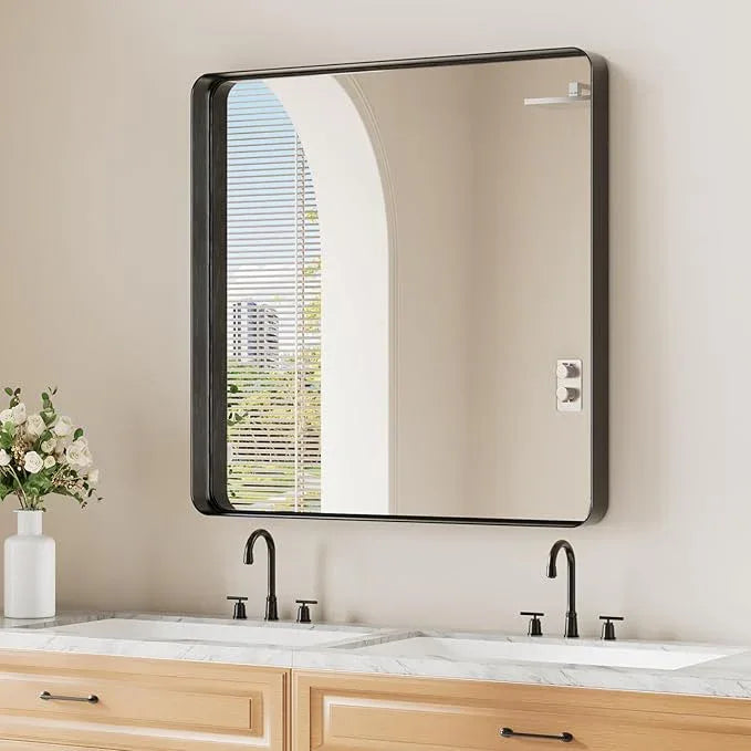 Koonmi Black Wall Mirror for Bathroom, 30x30 Inch Matte Deep Framed Rounded Rectangle Vanity Mirror for Farmhouse Living Room, Tempered Glass, Anti-Rust, Vertically or Horizontally - ModernBath