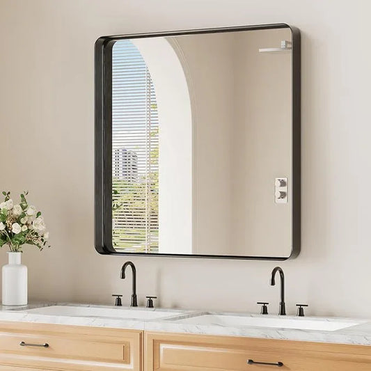 Koonmi Black Wall Mirror for Bathroom, 30x30 Inch Matte Deep Framed Rounded Rectangle Vanity Mirror for Farmhouse Living Room, Tempered Glass, Anti-Rust, Vertically or Horizontally - ModernBath