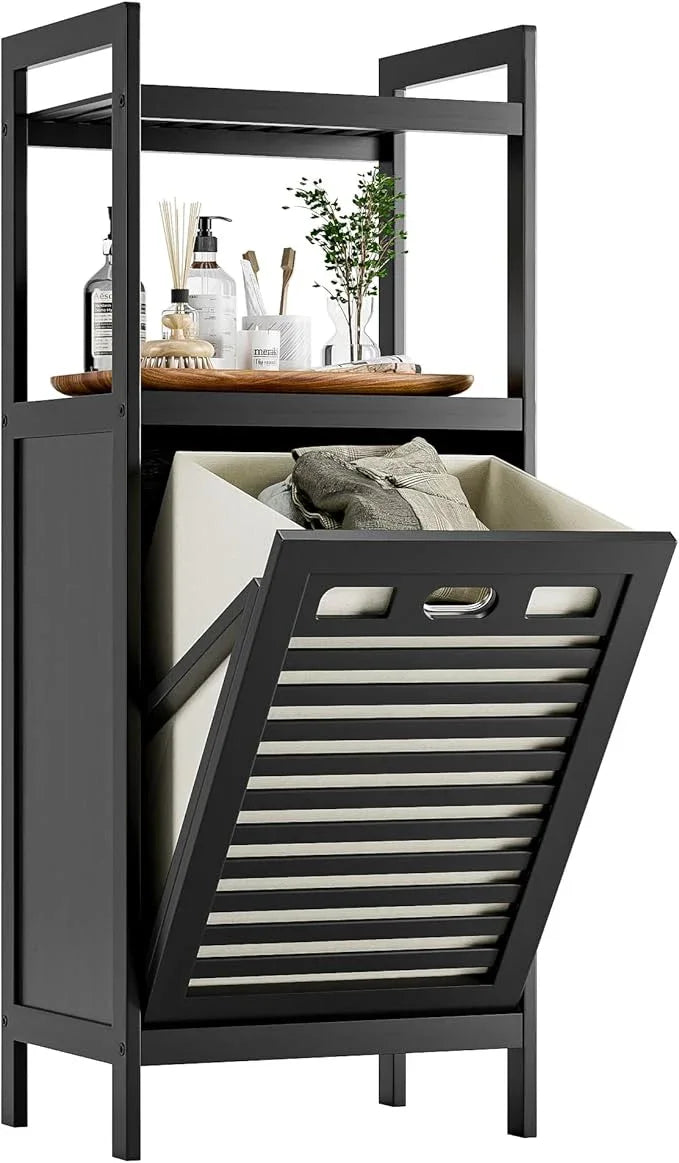 HITNET Tilt Out Laundry Hamper, Bamboo Bathroom Cabinet with Pull Out Removable Bag and 2 Tier Storage Shelves, 8.5 Gallon Clothes Basket with Metal Handle, Black - ModernBath