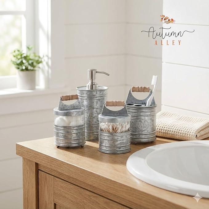 Autumn Alley Rustic Bathroom Accessories Set 4 - Galvanized Soap Dispenser, Rustic Toothbrush Holder, 2 Apothecary Jars Qtip Holder - Western Bathroom Decor – Farmhouse Bathroom Decor Accessories - ModernBath