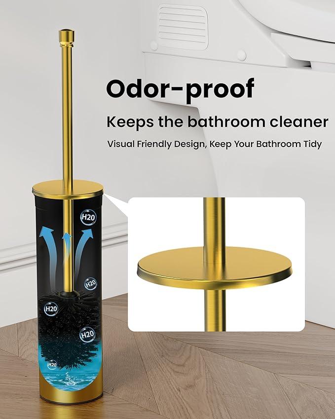 WZKALY Toilet Brush and Holder Set, Toilet Bowl Brush for Bathroom with Long Handle, Stainless Steel Toilet Cleaner Brush with Durable Scrubbing Bristles,Splash-Prooft (Brushed Gold) - ModernBath