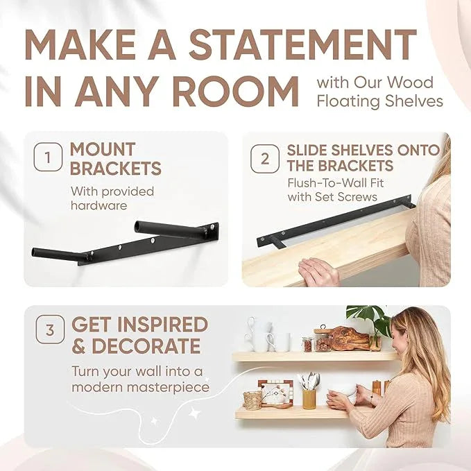 Homeforia 36 inch Wood Floating Shelves, High End Solid Natural Wood 36inch Large Floating Shelf Bathroom, Unfinished Wooden Floating Shelves for Wall, Heavy Duty Bracket, 36 X 6.5 X 1.75 in, Set of 3 - ModernBath