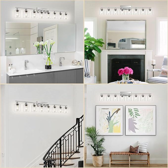 FAISHILAN Modern Brushed Nickel 8 Light Bathroom Light Fixtures,52 inch Vanity Lights for Bathroom with Clear Glass for Mirror Kitchen Living Room Hallway Cabinet Porch - ModernBath