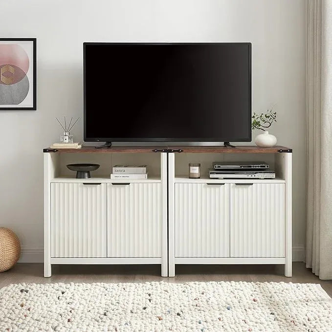 Buffet Cabinet with Storage - Modern Farmhouse Rustic 32 Fluted Sideboard Storage Cabinet Buffet with Adjustable Shelves, Coffee Wine Bar Organizer for Dining Room (Antique White) - ModernBath