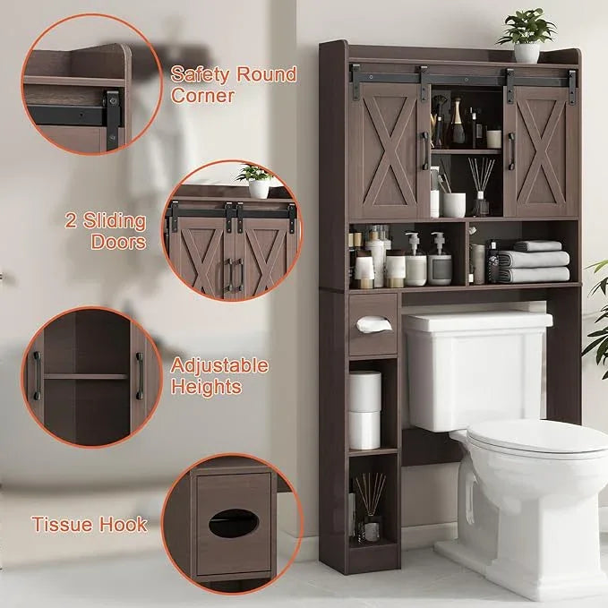 Vabches Over The Toilet Storage Cabinet, Farmhouse Storage Cabinet Over Toilet with Sliding Doors & Toilet Paper Holder Stand，Home Space-Saving Toilet Rack, for Bathroom, Laundry and Restroom - ModernBath