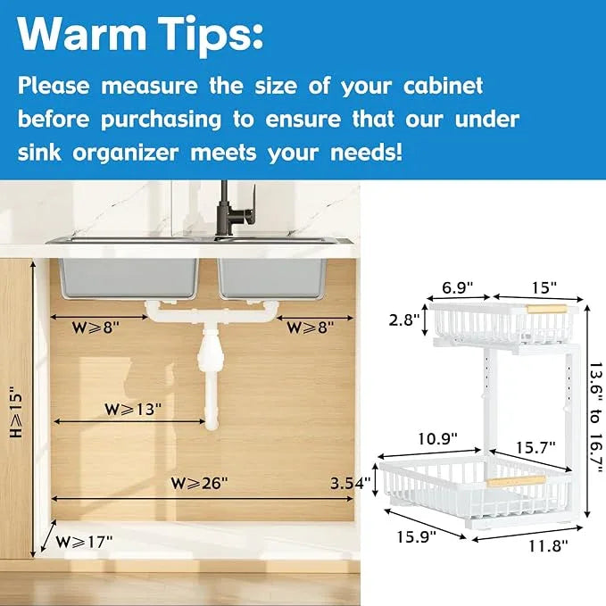 2Pcs Under Sink Organizer, Adjustable Under Sink Organizers and Storage, 2-Tier Pull Out Under Kitchen Sink Organizer, Sliding Out Metal Under Bathroom Sink Organizer for Kitchen Pantry White - ModernBath