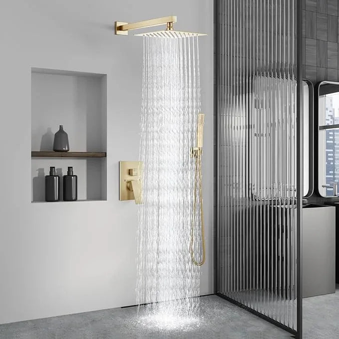 Aolemi Shower Faucet Set Rain Shower System with Handheld Spray Bathroom Shower Combo Rough-in Valve and Shower Trim Kit Included Brushed Gold 8 Inch Wall Mount Shower Head - ModernBath