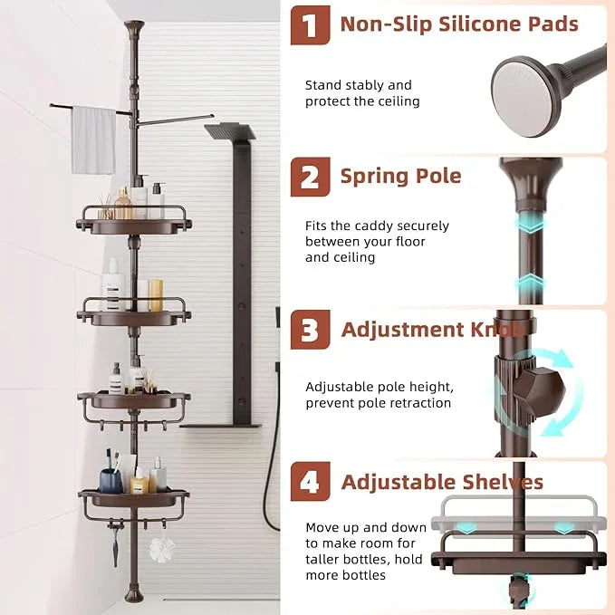 32-122inch Corner Shower Caddy Tension Pole Brown, Rustproof Drill-Free Shower Shelves for Bathroom Bathtub Washbasin, Adjustable Shower Organizer with 4 Tier Patent Stable Shelves & Towel Bars - ModernBath