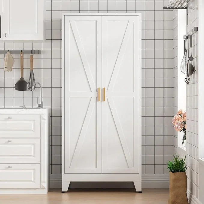 COFaR 5 Tier Metal Farmhouse Storage Cabinet with 2 Barn Door, 4 Adjustable Shelves and Legs, for Kitchen, Dining Room, Bathroom, Living Room, Office - ModernBath