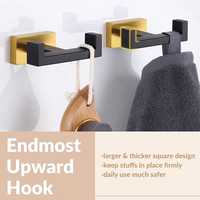 APLusee Double Bath Towel Hook 2 Pack, Solid Stainless Steel Square Dual Coat Holder, Modern Bathroom Kitchen Storage Hanger Wall Mounted, Black & Gold - ModernBath