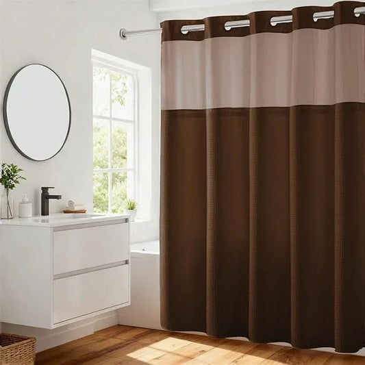 River Dream No Hooks Required Dotted Brown Shower Curtain with Snap in Liner - 71" W x 74" H,Hotel Grade,Spa Like Bath Curtain - ModernBath