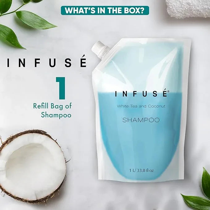 INFUSÉ 1 Liter Shampoo Refill Bag For Soap Dispensers | Bulk Toiletries for Vacation Rentals, and Home Bathroom Showers | White Tea and Coconut | Single - ModernBath