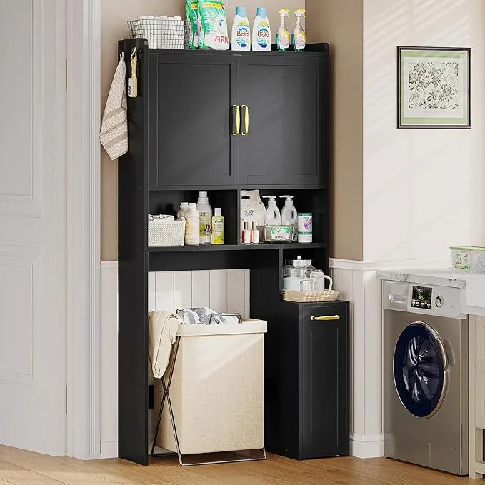 Over The Toilet Storage Cabinet with Pulley Small Bathroom Storage Cabinet, Space Saver W/Adjustable Shelf & Open Shelf for Bathroom, Restroom, Laundry (Black) - ModernBath