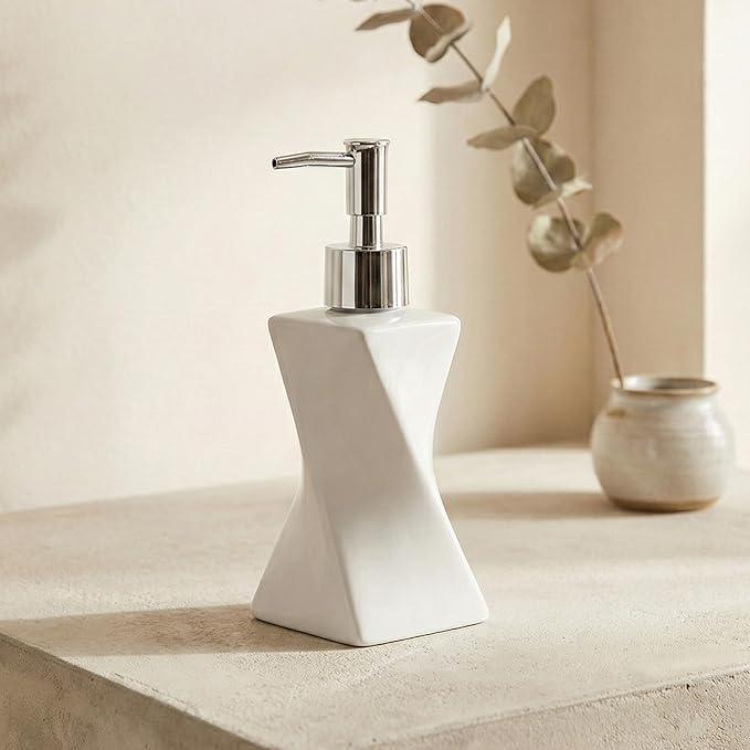 Modern White Soap Dispenser with Silver Pump for Bathroom and Kitchen, Contemporary Art Style, Matte Finish, Rust Proof, 8.5oz (Arctic White) - ModernBath
