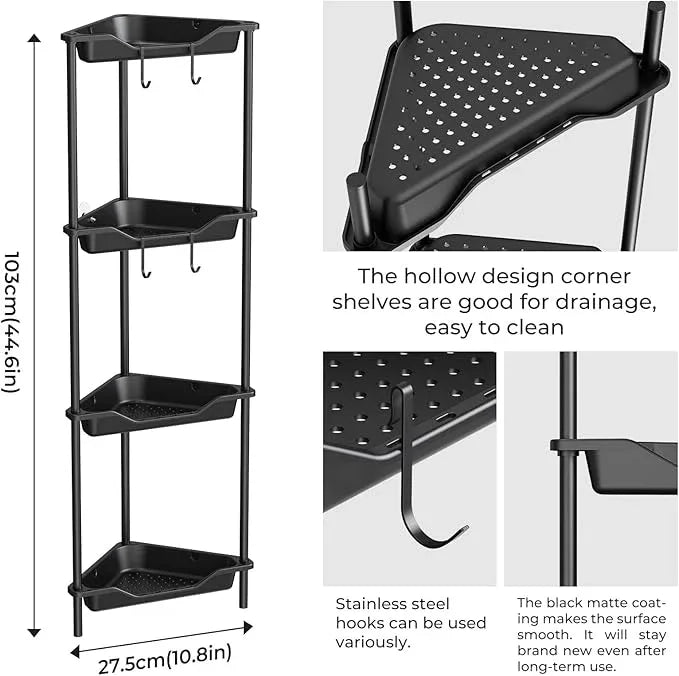ODesign 4 Tier Corner Shower Caddy,Corner Shelf Stand for Living Room Bedroom Bathroom,Shower Table,Plastic Metal Splicing Ground Cabinet Storage Rack,Standing Shower Organizer Black - Rustproof - ModernBath