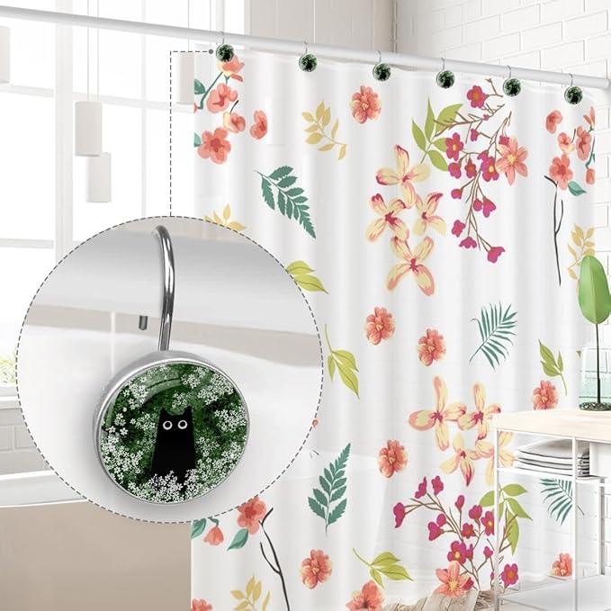 12 Packs Black Cat Floral Shower Curtain Hooks, Stainless Steel Glass Shower Curtain Rings for Bathroom, Rustproof Metal Curtain Rod Hooks - ModernBath