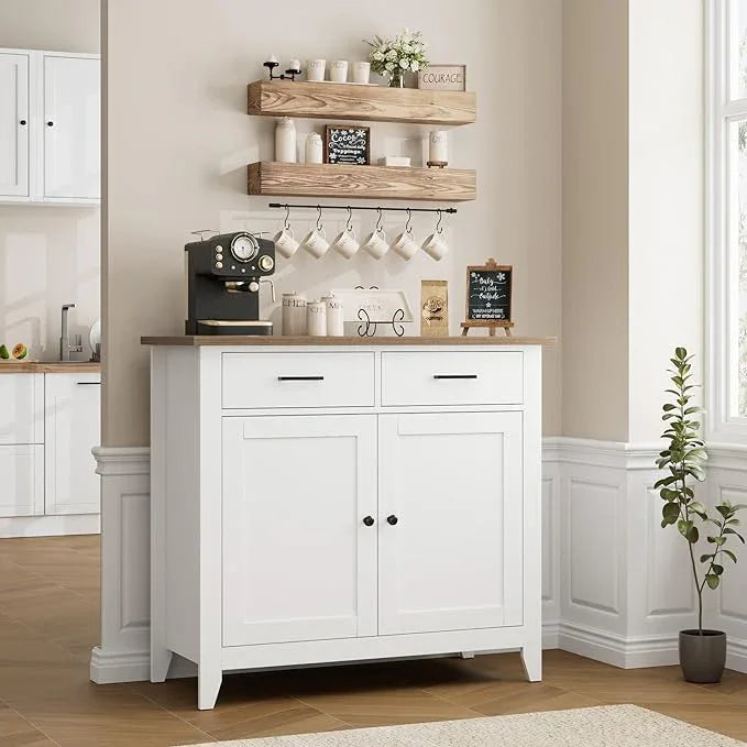 HORSTORS Kitchen Storage Cabinet, Modern Farmhouse Buffet Cabinet with Storage, Coffee Bar with 2 Drawers and 2 Doors, Floor Sideboard Buffet for Living Room, Dining Room, Bathroom, Ivory White - ModernBath