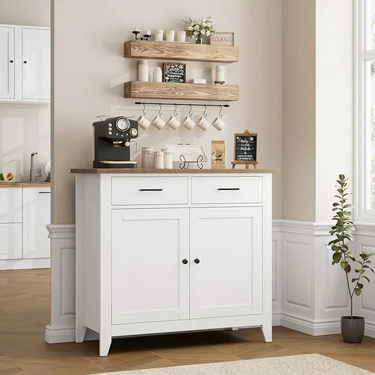 HORSTORS Kitchen Storage Cabinet, Modern Farmhouse Buffet Cabinet with Storage, Coffee Bar with 2 Drawers and 2 Doors, Floor Sideboard Buffet for Living Room, Dining Room, Bathroom, Ivory White - ModernBath