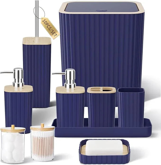 XLHOMO Bathroom Accessories Set - Elegant Blue Bathroom Set, 10PC Bathroom Accessory Set, Toilet Brush, Trash Can, Qtip Holder Dispenser & Soap Dispenser - ModernBath