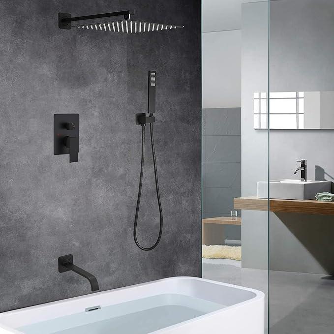 Heable Matte Black Shower Faucet Set with Tub Spout Bathroom Rainfall 10 Inch Shower Head System with Handheld Single Handle Shower Trim Kit with Rough-in Valve - ModernBath