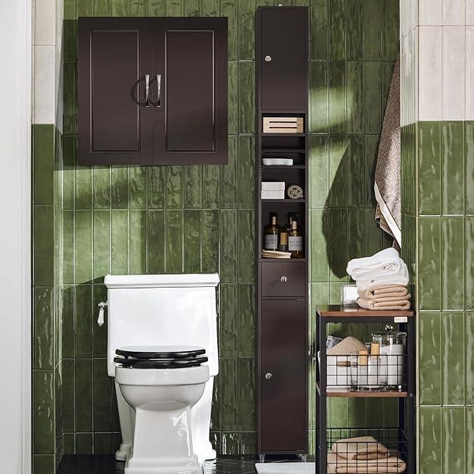 Haotian Bathroom Narrow Storage Cabinet, Skinny Tall Unit with Adjustable Shelves Slender Anti-Tipping Floor Standing Cupboard, Brown BZR34-BR - ModernBath