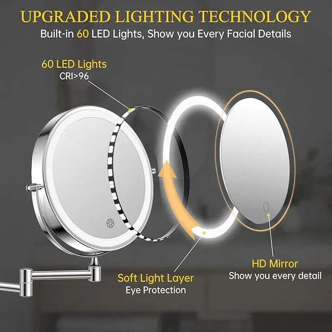 FUNTOUCH Rechargeable Wall Mounted Makeup Mirror with Lights,5000mAh Double Sided 3X/20X Magnifying,3 Color Lights,Touch Dimmable, Extended Arm 360 Rotation Lighted Bathroom Mirror with Magnification - ModernBath