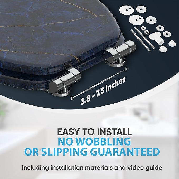 SANILO Wooden Toilet Seat with Soft Close [ELONGATED] - Decorative, Quiet & Slow Close Molded Wood Seat - With Strong Bumpers & Hinges - Adjustable Fit - Marble Dark Blue - ModernBath