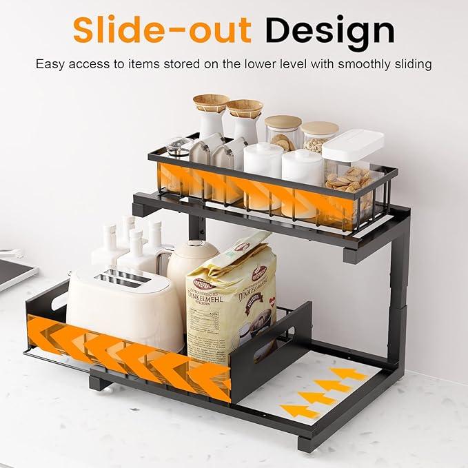 Under Sink Organizer, Heavy Duty Metal Pull Out Cabinet Organizer Slide Out Sink Shelf Organizer Height Adjustable, Multi-Purpose Storage Shelf for Kitchen Bathroom(Black,2Pack) - ModernBath