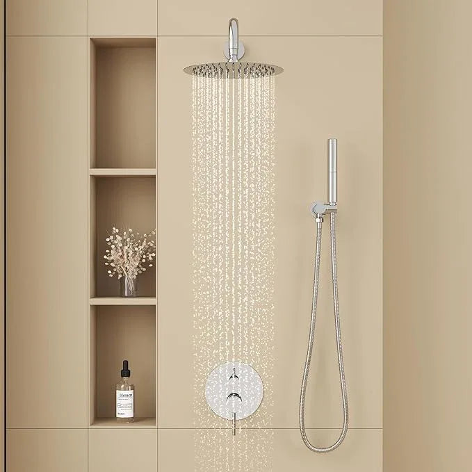 BESy Shower System with 10 Inch Round Rain Shower Head and Handheld Wall Mounted, High Pressure Rainfall Shower Faucet Fixture Combo Set with 2 in 1 Handheld Showerhead for Bathroom, Polished Chrome - ModernBath