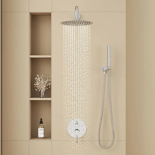 BESy Shower System with 10 Inch Round Rain Shower Head and Handheld Wall Mounted, High Pressure Rainfall Shower Faucet Fixture Combo Set with 2 in 1 Handheld Showerhead for Bathroom, Polished Chrome - ModernBath