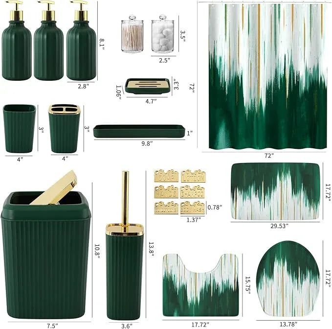 WSBArt 32PCS Bathroom Sets with Shower Curtain and Rugs-Dark Green Bathroom Accessories,Non Slip Bathroom Rugs Set with Toilet Lid Cover, Waterproof Shower Curtain, 3PC Soap Dispenser with Trash Can - ModernBath