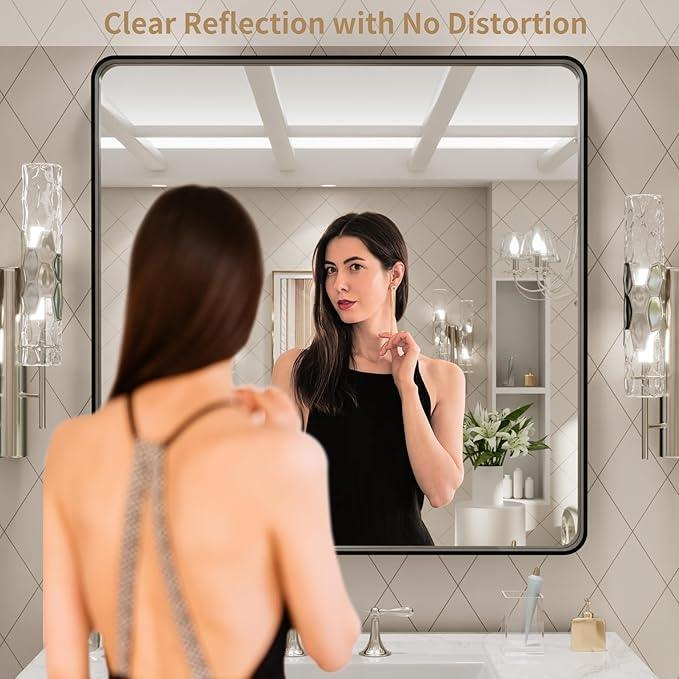 LOAAO 30x30 Inch Black Metal Framed Bathroom Mirror for Wall, Matte Black Bathroom Vanity Mirror Farmhouse, Large Rounded Rectangle Mirror, Anti-Rust, Hangs Horizontally or Vertically - ModernBath