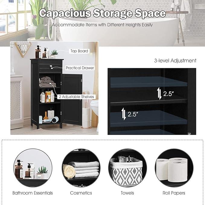 HAPPYGRILL Bathroom Floor Cabinet, Single Door Floor Storage Cabinet Organizer with Drawer and 3-Level Adjustable Shelves, Bathroom Cabinets Freestanding with Anti-Tipping Device for Living Room - ModernBath