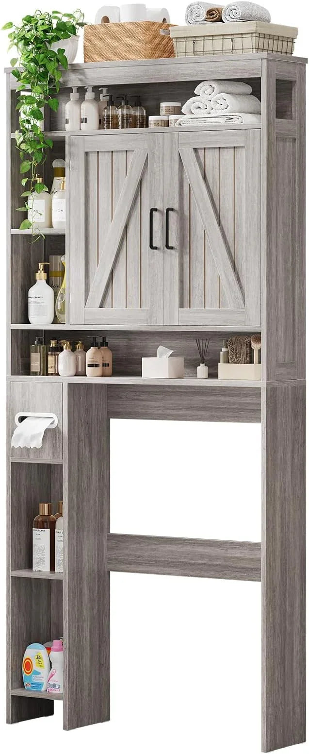 Over The Toilet Storage Cabinet with 2 Barn Doors & Built-in Toilet Paper Holder, Farmhouse Space-Saving Organizer for Bathrooms and Laundry Room, Grey - ModernBath