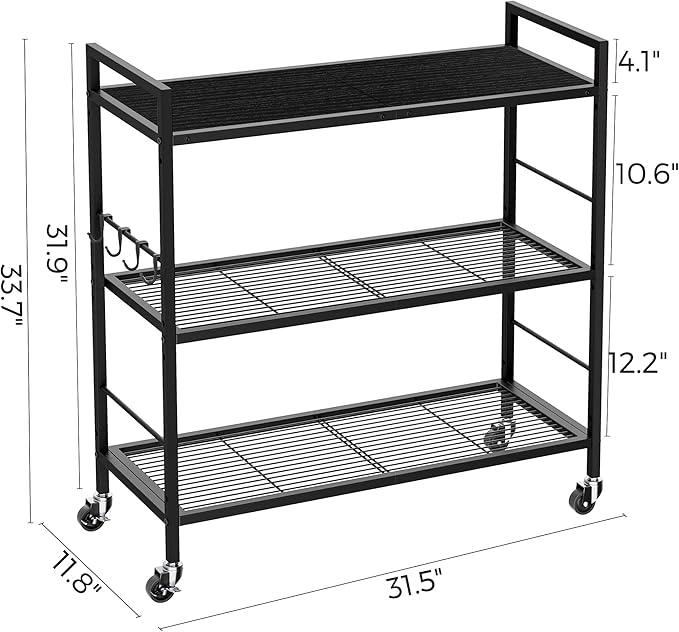 3-Tier Metal Storage Rack with Industrial Wheels,Mesh Shelving Unit with Wooden Table top,Adjustable Shelf,31.5-Inch Width, for Kitchen, Laundry,Pantry,Plant,Black panel and black frame - ModernBath