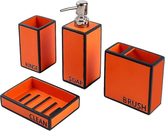 Hymmah Bathroom Accessories Set,Toothbrush Holder,Farmhouse Bathroom Decor,4 Pcs Resin Gift Set Apartment Necessities, Contain Toothbrush Cup,Soap Dispenser,Soap Dish,Tumbler Orange - ModernBath