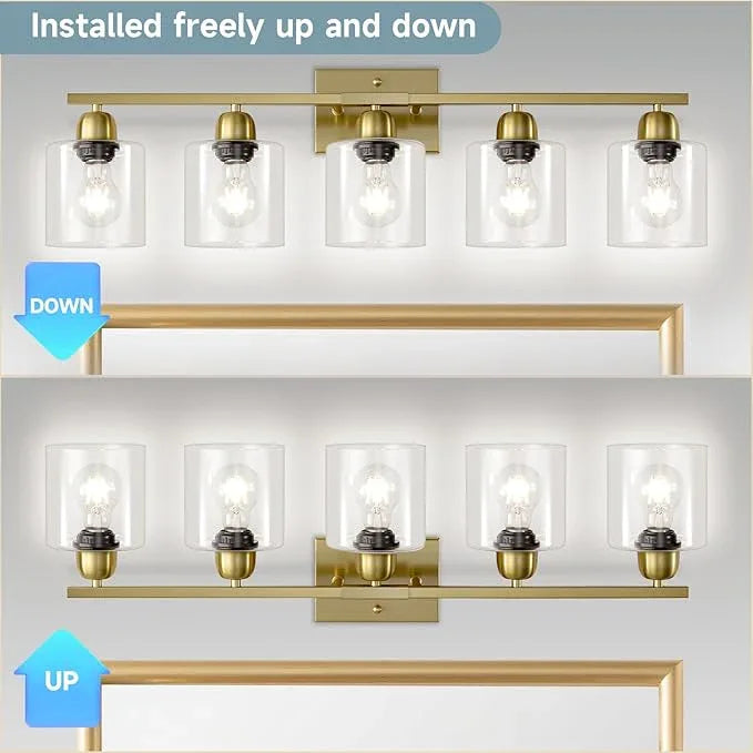FAISHILAN Modern Brushed Gold 5 Light Bathroom Vanity Light,31 inch Vanity Lights for Bathroom with Clear Glass for Mirror Kitchen Living Room Hallway Cabinet Porch - ModernBath