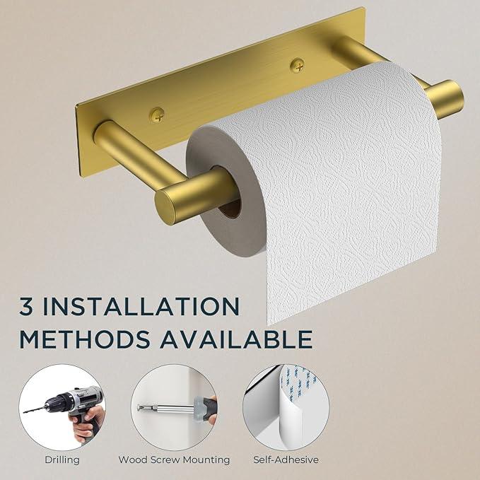 FORIOUS Toilet Paper Holder, Adhesive or Wall Mounted Options, Stainless Steel Rustproof Stick on no Drilling Double Post Pivoting Toilet Tissue Roll Holder Wall Mount for Bathroom, Brushed Gold - ModernBath