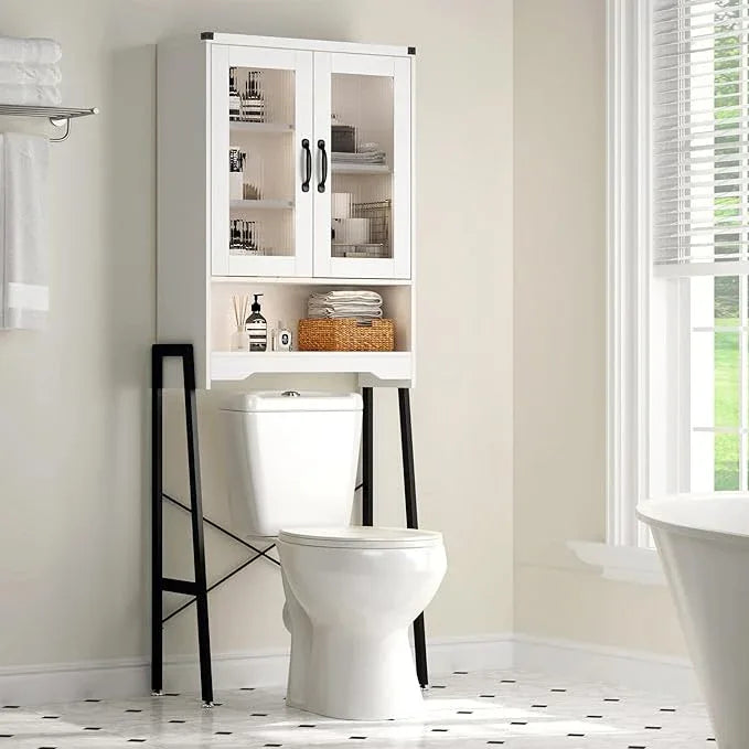 Over The Toilet Storage Cabinet with Tempered Glass Doors & Metal Stand, Over Toilet Organizer with Adjustable Shelf Space Saver Over Toilet , Tall Freestanding Shelf/Rack for Bathroom, Modern, White - ModernBath