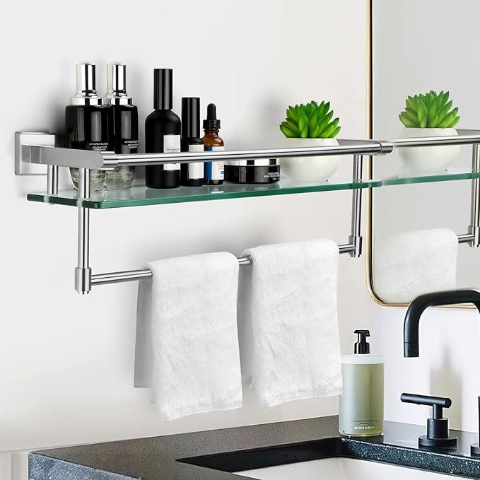 Glass Bathroom Shelf with Towel Bar, Stainless Steel Tempered Towel bar/Track Glass Bathroom Shelves Wall Mount Over The Toilet (Brushed Nickel, 20-inch) - ModernBath