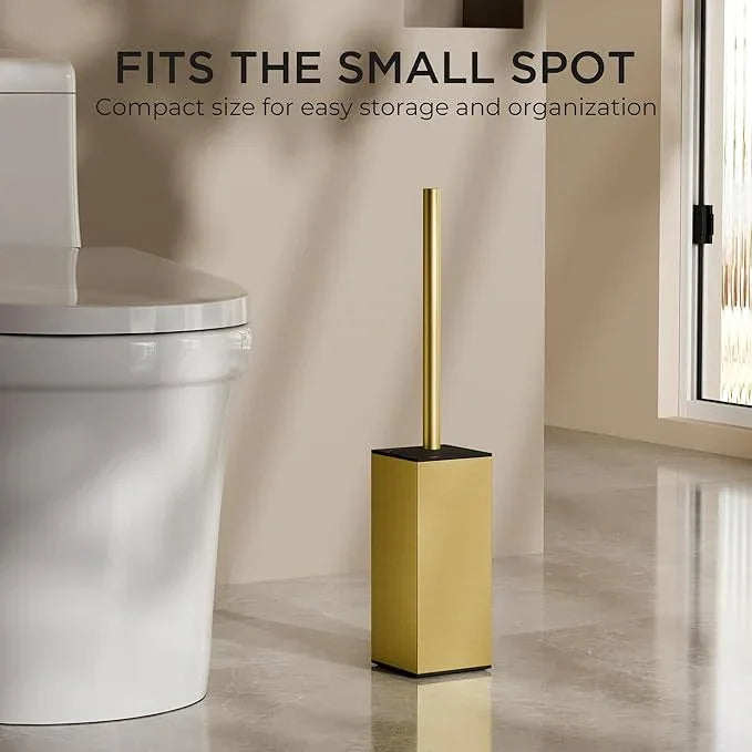 FORIOUS Toilet Brush and Holder Set, Heavy Duty 304 Stainless Steel Base Square and Long Handle for Bathroom Deep Cleaning, Drip-Proof, Space Saving for Storage, 2 Toilet Bowl Brush Head, Dark Gold - ModernBath