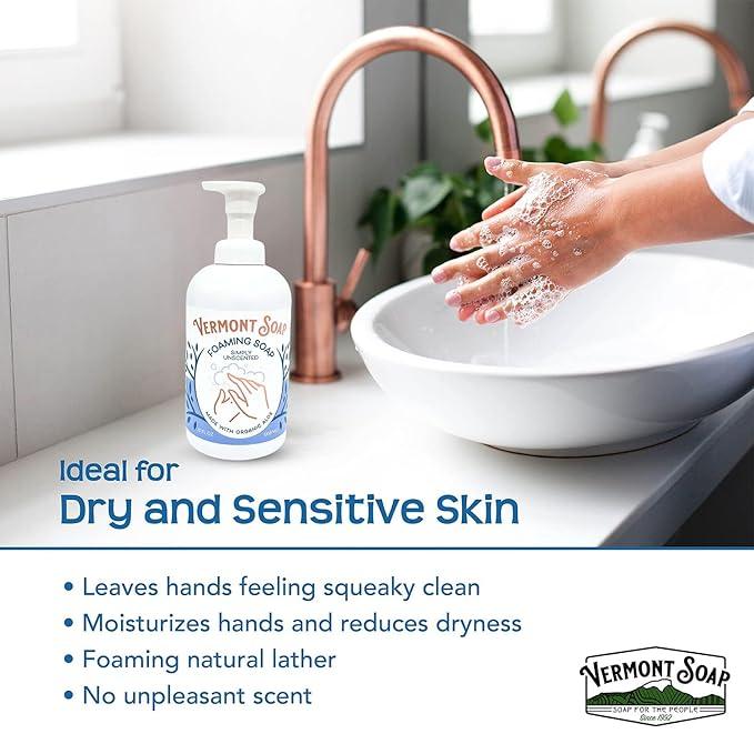 VERMONT SOAP Organic Unscented Foaming Hand Soap - Natural Moisturizing Soap for Dry Skin - Fragrance Free Liquid Bathroom Hand Soap Dispenser - Simply Unscented - 12 oz - ModernBath